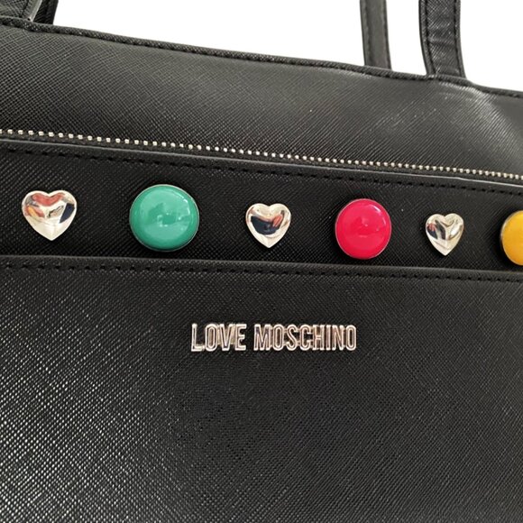 Love Moschino Multicolor Hearts Chain Vegan Black Leather Shoulder bag - Picture 5 of 13